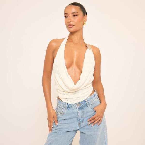 EGO Cowl Neck Trim Detail Top In Cream Texture, Women's Size UK 6