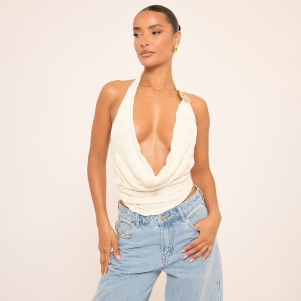 EGO Cowl Neck Trim Detail Top In Cream Texture, Women's Size UK 6 - 1