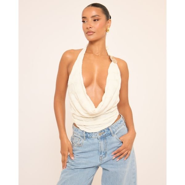 EGO Cowl Neck Trim Detail Top In Cream Texture, Women's Size UK 6 - 2