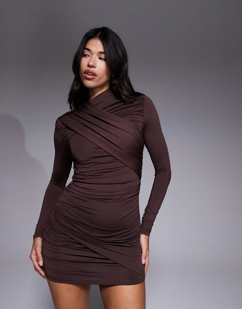 ASOS Ruched & Ready Miss Me sculpted cross over bust and skirt detail mini dress in chocolate