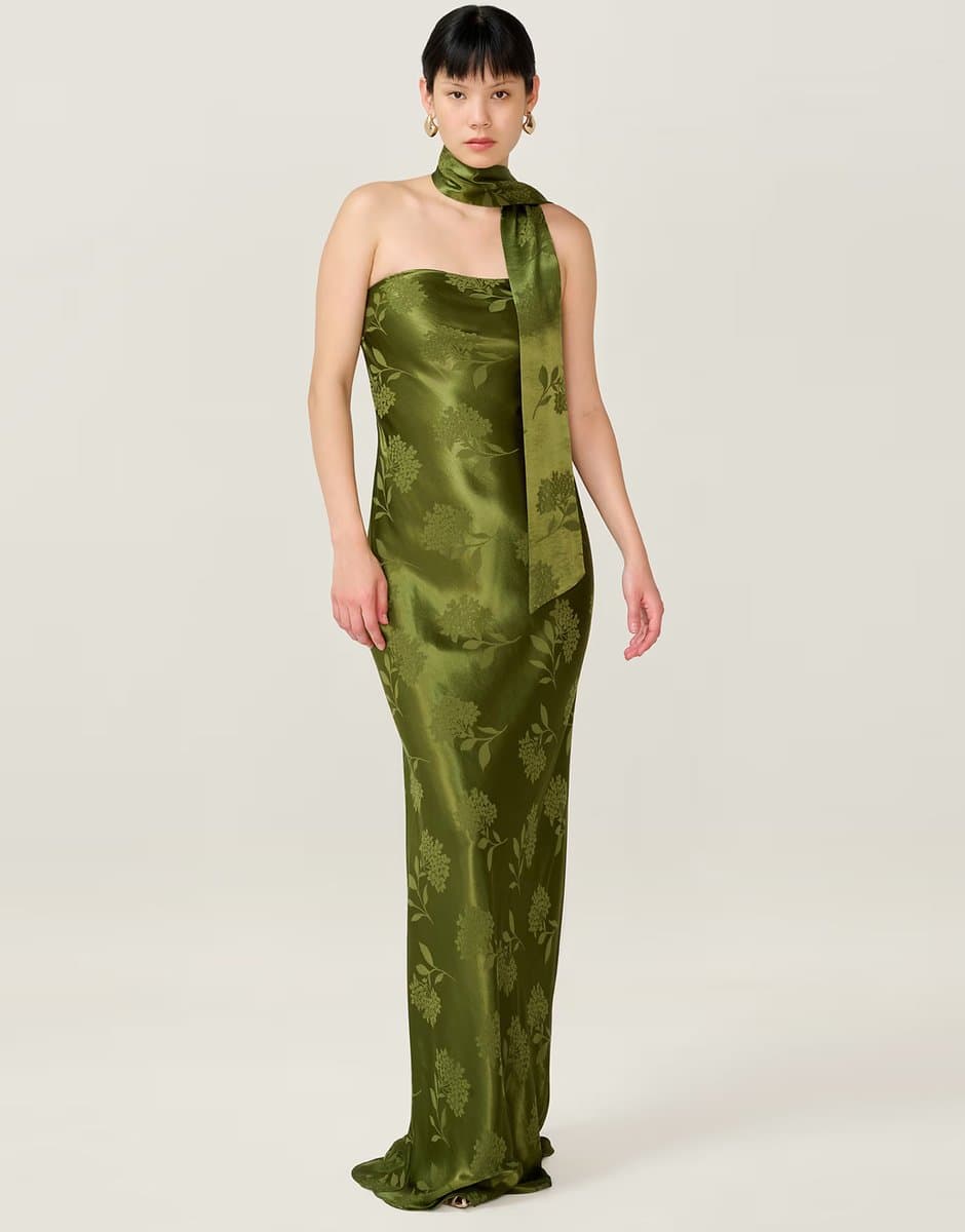 ASOS Omnes Dresses myla maxi fitted viscose floral jacquard dress in green with matching scarf detail in green