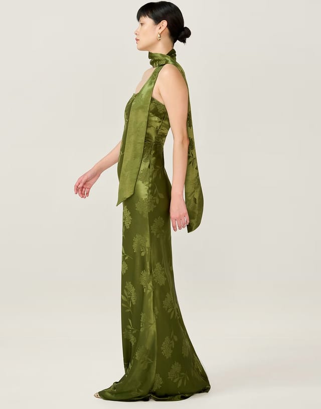ASOS Omnes Dresses myla maxi fitted viscose floral jacquard dress in green with matching scarf detail in green - 3