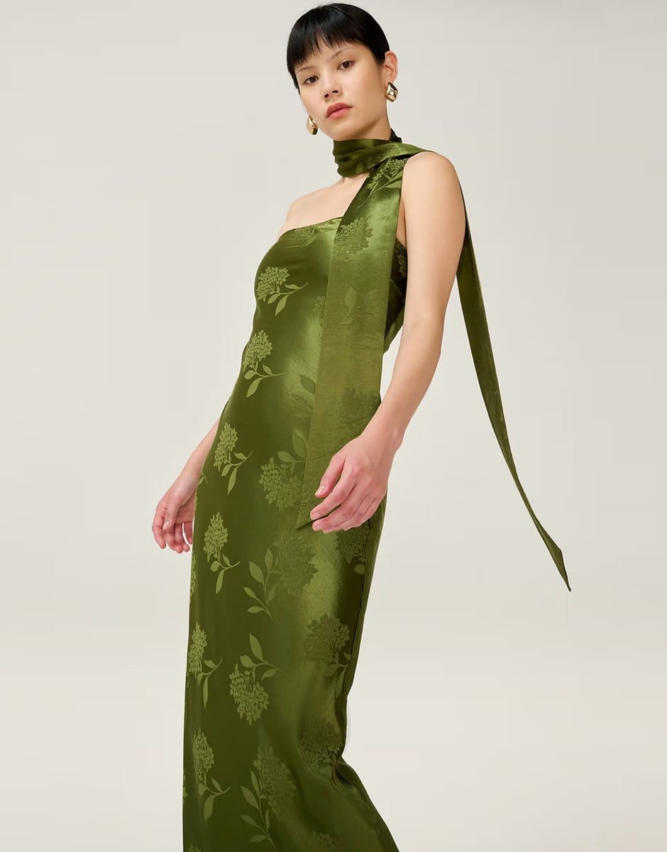ASOS Omnes Dresses myla maxi fitted viscose floral jacquard dress in green with matching scarf detail in green - 4