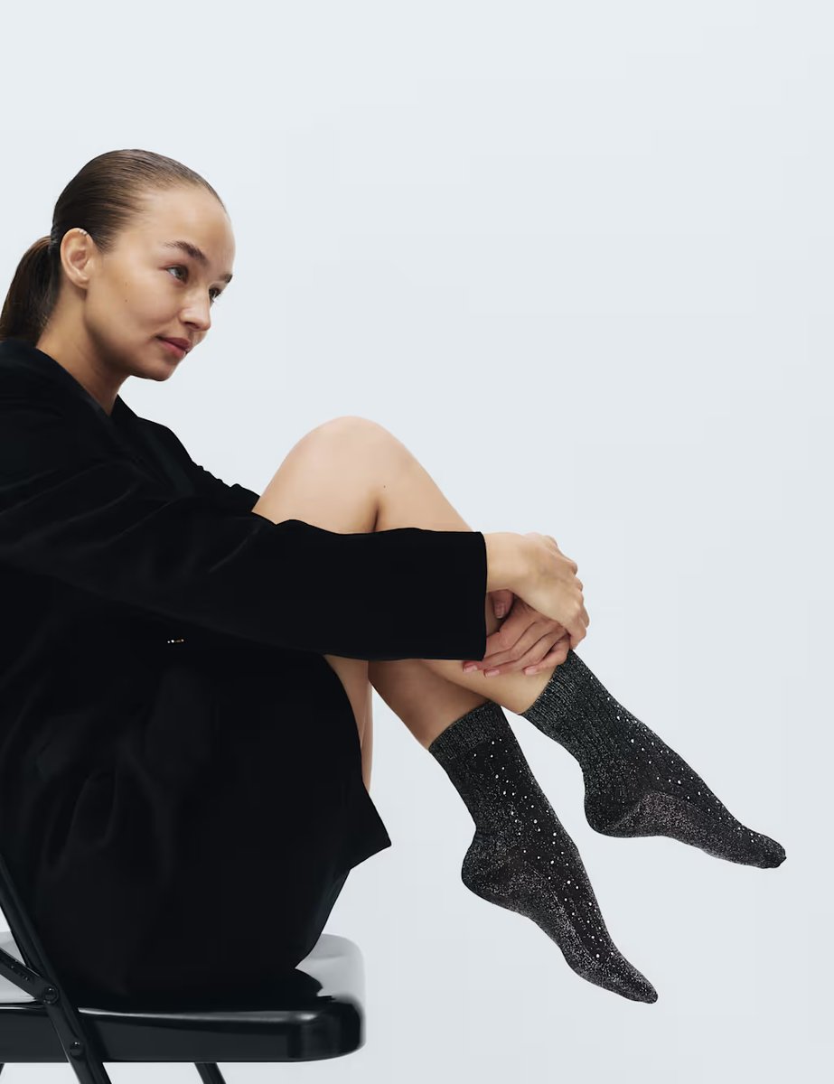 Marks & Spencer M&S Glitter Embellished Crew Socks Black - 4