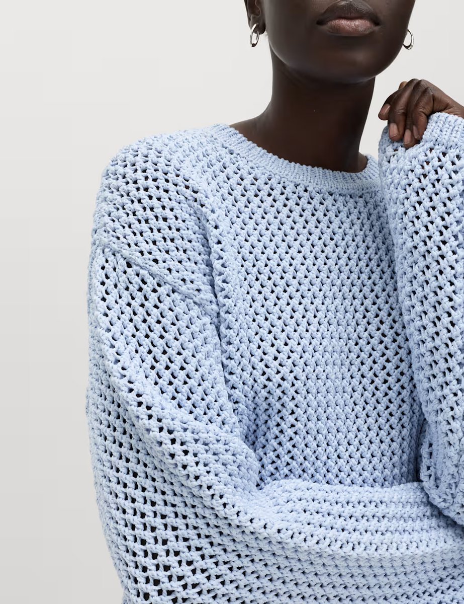 Marks & Spencer M&S Textured Crew Neck Cropped Jumper Faded Blue - 2