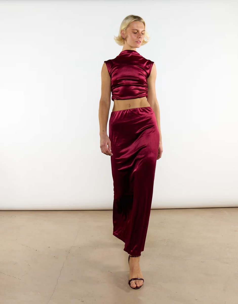 ASOS Narrated Mock neck crop top in burgundy velvet