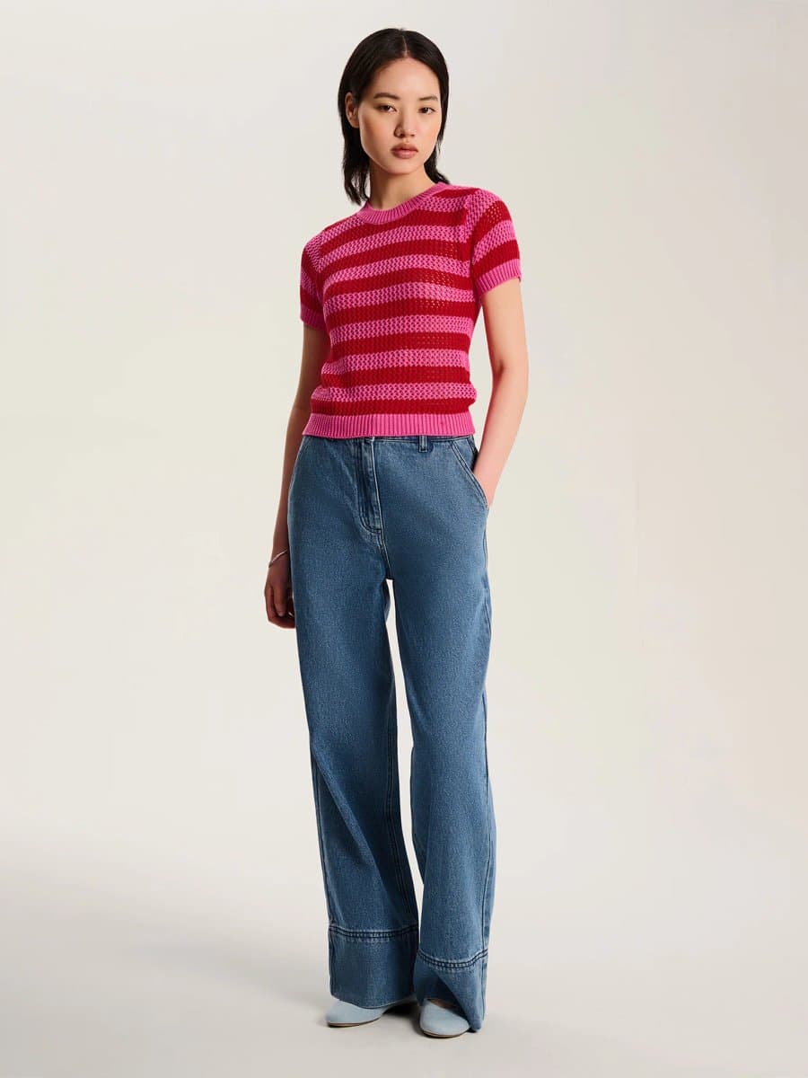 OMNES Lexi Stripe Crochet Jumper in Magenta and Red