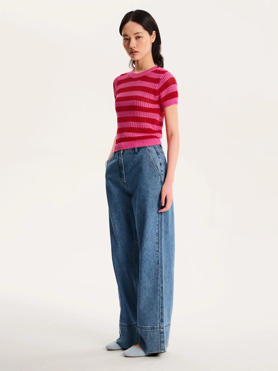 OMNES Lexi Stripe Crochet Jumper in Magenta and Red - 2