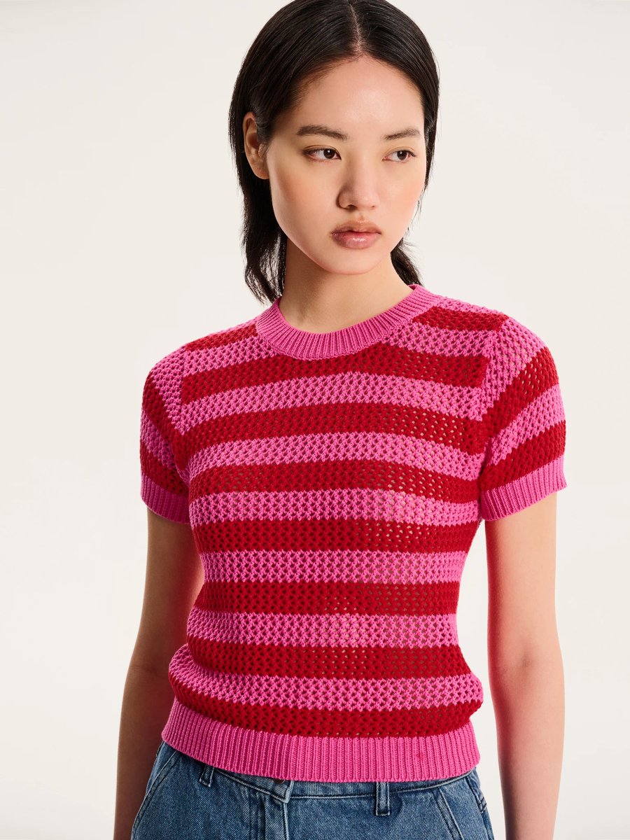 OMNES Lexi Stripe Crochet Jumper in Magenta and Red - 3