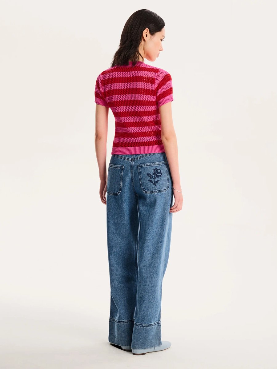 OMNES Lexi Stripe Crochet Jumper in Magenta and Red - 4