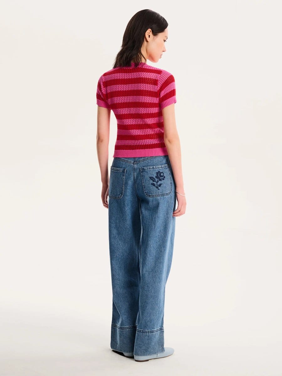 OMNES Lexi Stripe Crochet Jumper in Magenta and Red - 4