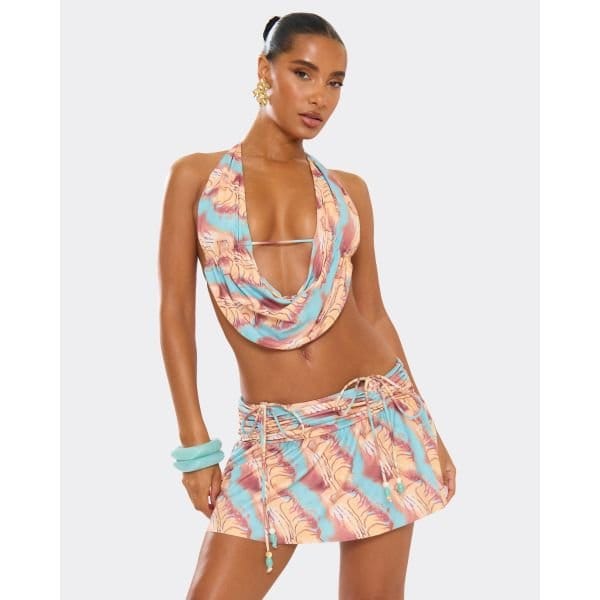 EGO Cowl Neck Beaded Tie Detail Top In Multi Abstract Print, Women's Size UK 6 - 2