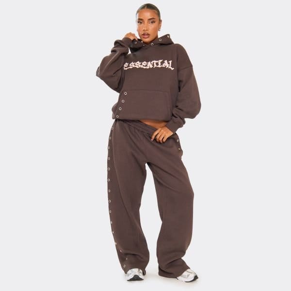 EGO Mid Rise Eyelet Detail Graphic Wide Leg Joggers In Chocolate Brown, Women's Size UK 4 - 1