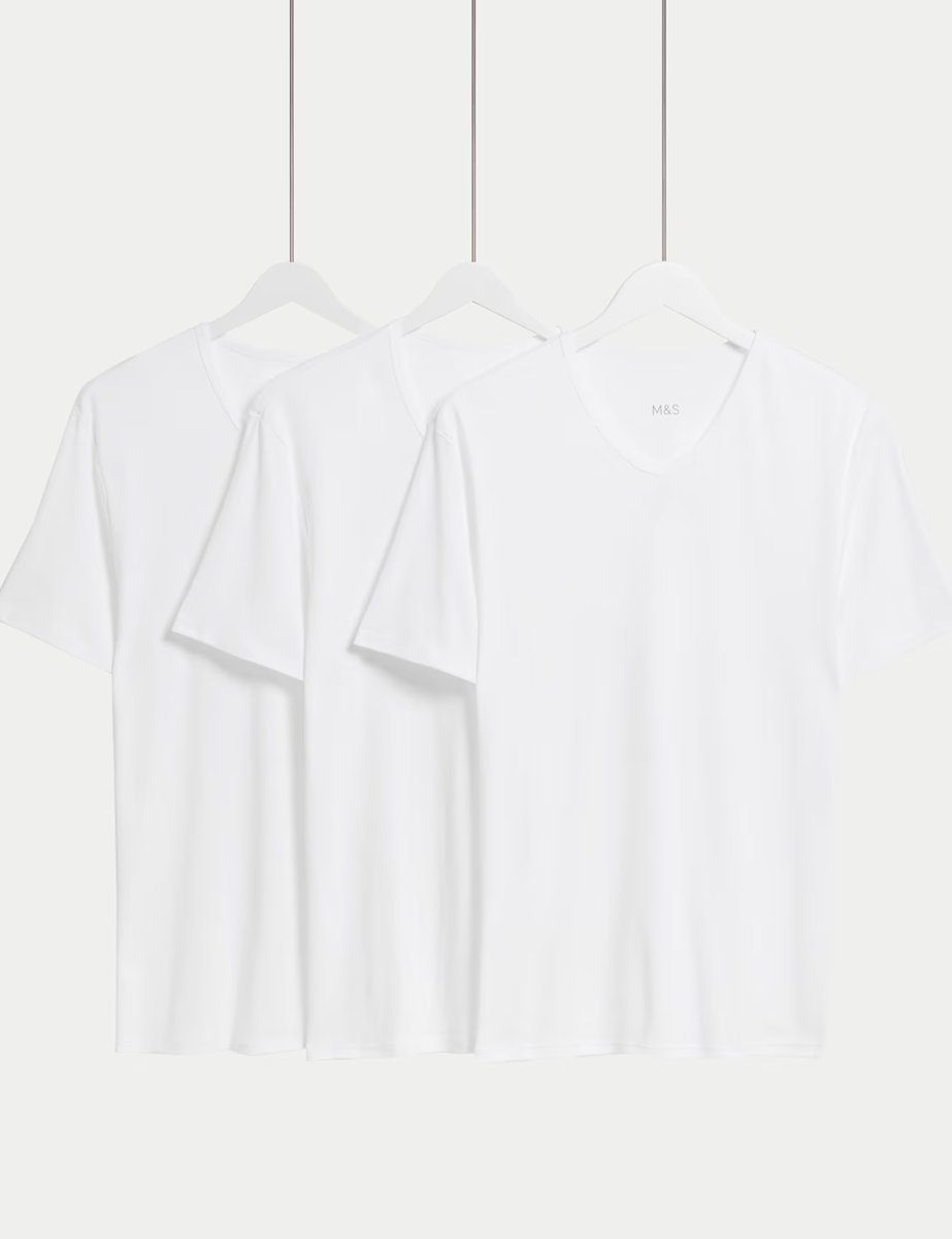 Marks & Spencer M&S 3 Pack Essential Cotton V-Neck T-Shirt Vests White - 1