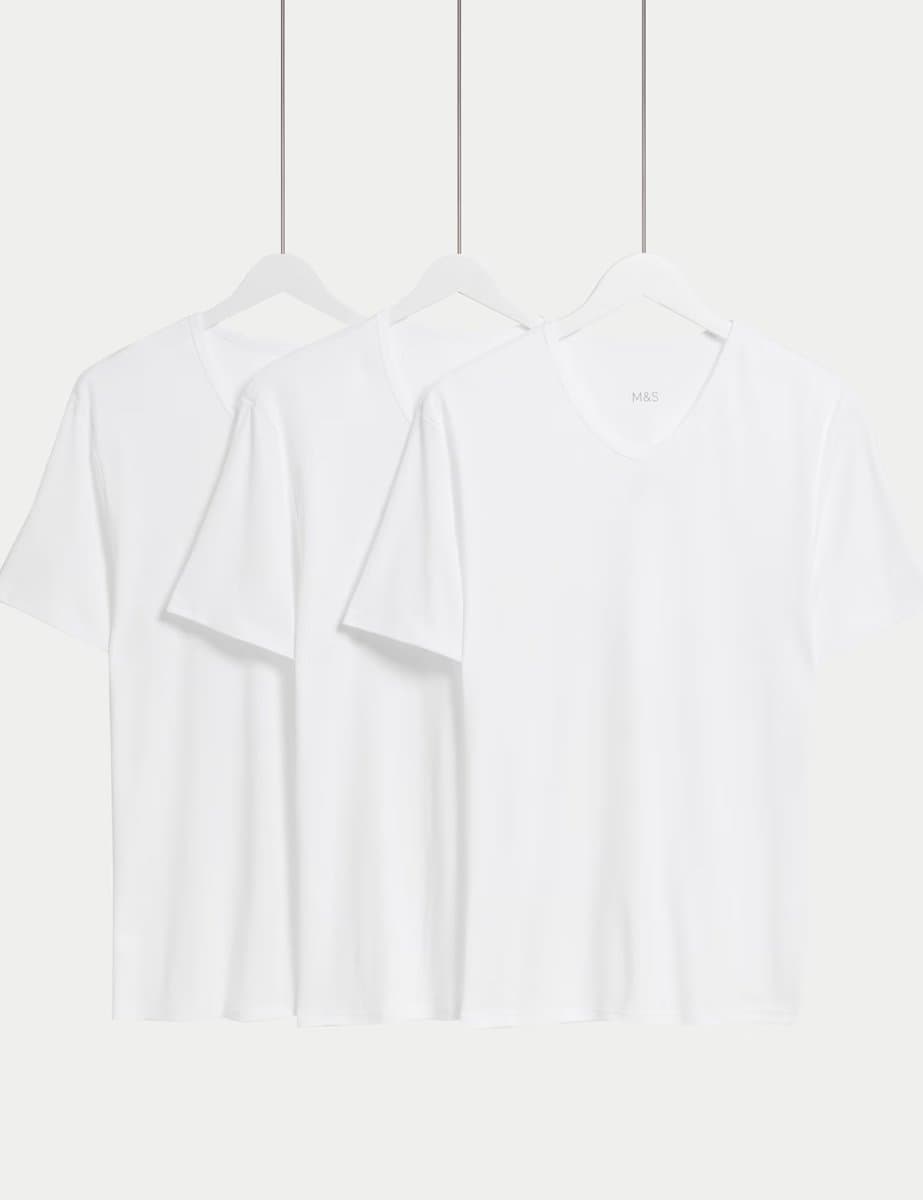 Marks & Spencer M&S Essential Cotton V-Neck T-Shirt Vests in White