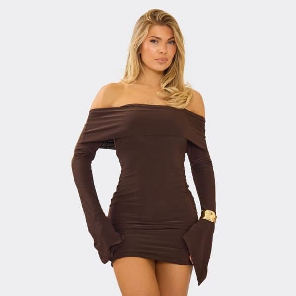 EGO Bardot Fold Over Flared Sleeve Mini Dress In Chocolate Brown, Women's Size UK 12