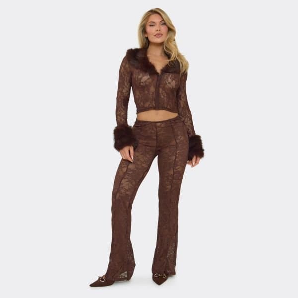 EGO Low Rise Flared Trousers In Chocolate Brown Lace, Women's Size UK 6