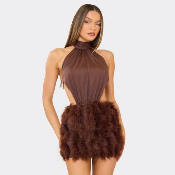 EGO High Neck Cut Out Feather Hem Detail Mini Dress In Brown, Women's Size UK 10
