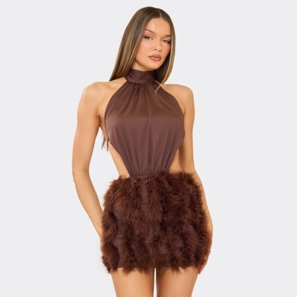 EGO High Neck Cut Out Feather Hem Detail Mini Dress In Brown, Women's Size UK 10 - 1