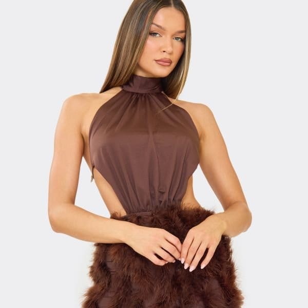 EGO High Neck Cut Out Feather Hem Detail Mini Dress In Brown, Women's Size UK 10 - 2