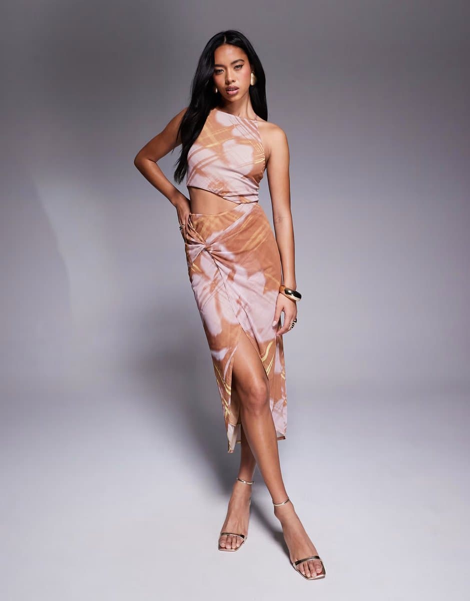 ASOS ASOS DESIGN halter neck with wrap skirt midi dress in print