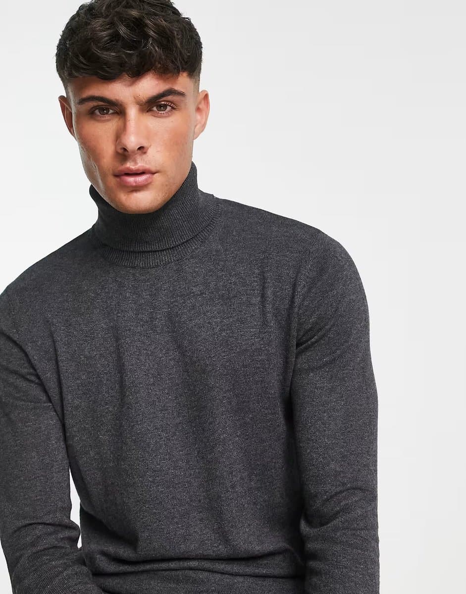 ASOS ASOS Jack & Jones Roll Neck Jumper in Dark Grey Melange