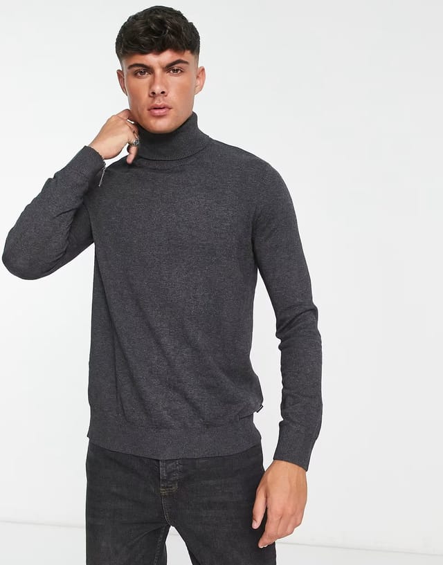 ASOS Jack & Jones Essentials roll neck jumper in dark grey melange - 3