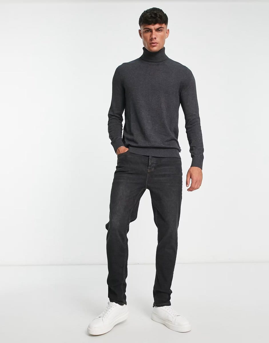 ASOS Jack & Jones Essentials roll neck jumper in dark grey melange - 4