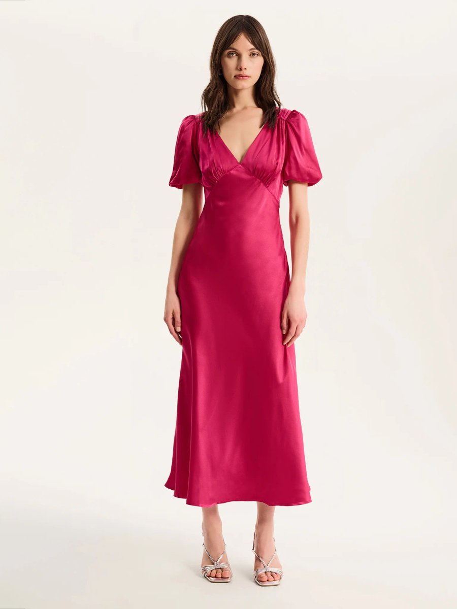 OMNES Rosie Ruched Puff Sleeve Dress in Magenta - 1