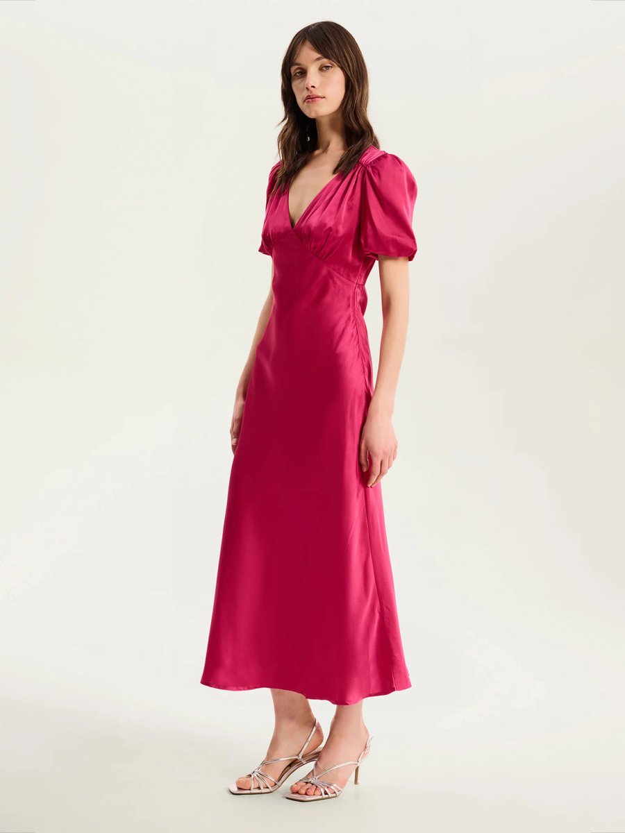 OMNES Rosie Ruched Puff Sleeve Dress in Magenta - 2
