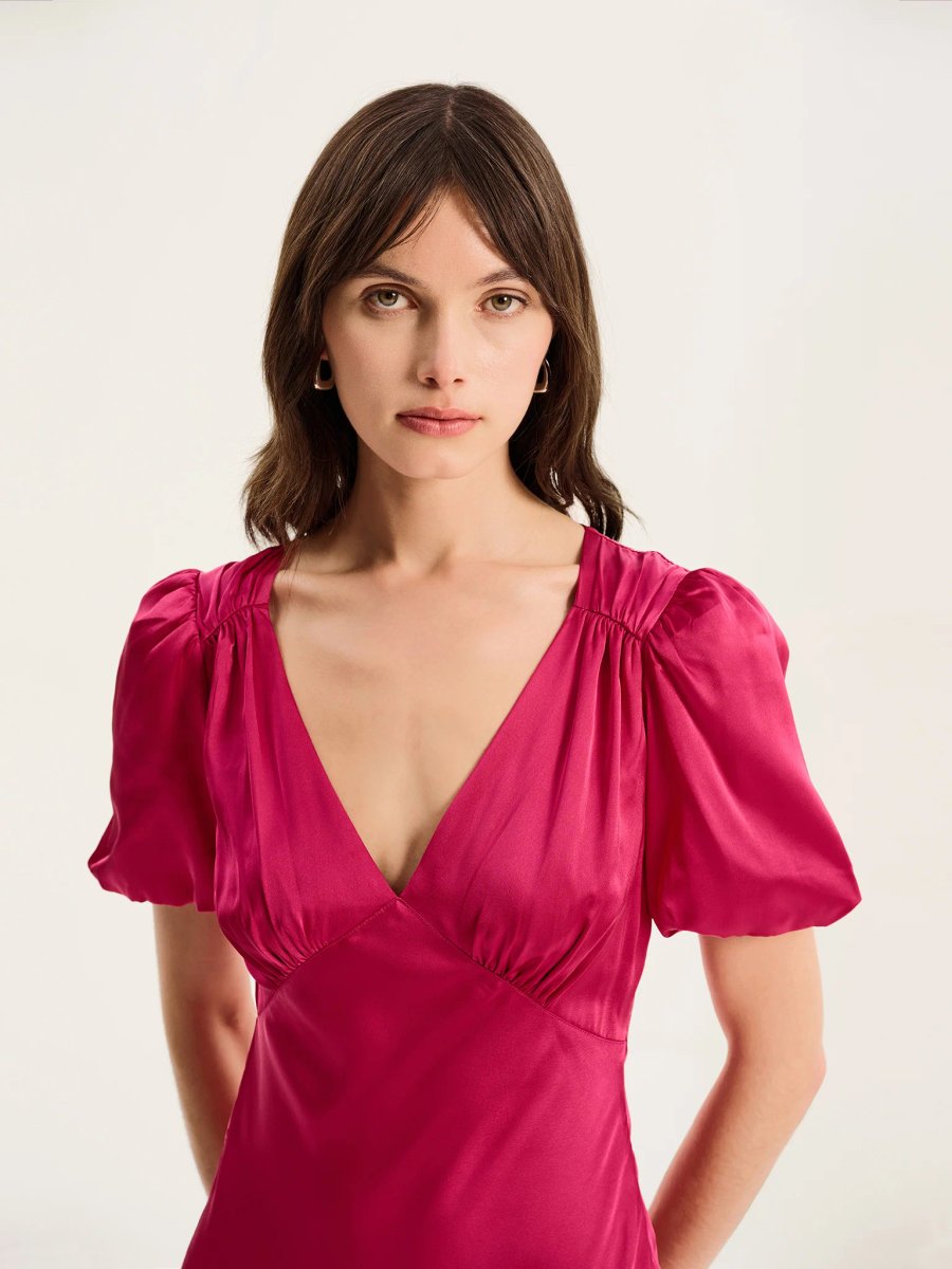 OMNES Rosie Ruched Puff Sleeve Dress in Magenta - 3