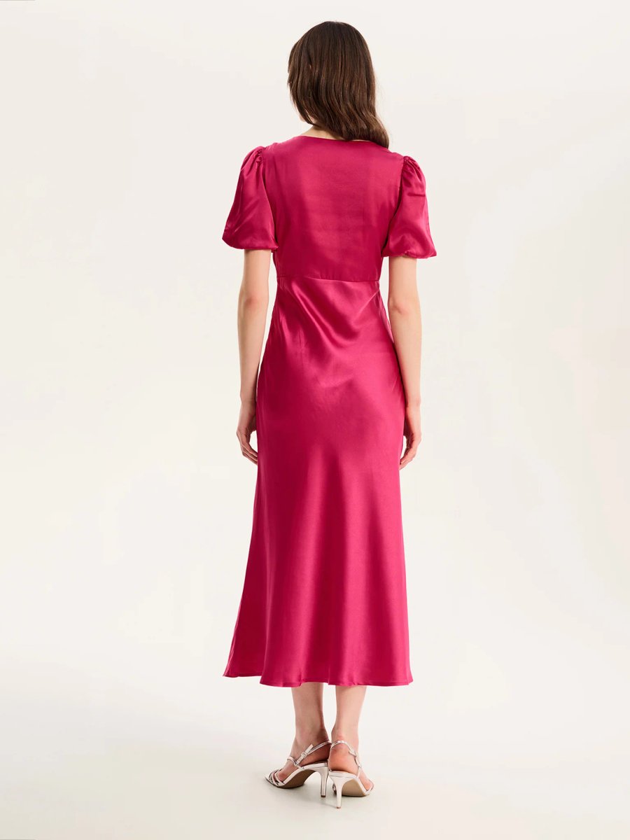 OMNES Rosie Ruched Puff Sleeve Dress in Magenta - 4