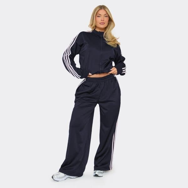 EGO Low Rise Side Stripe Wide Leg Track Pants In Navy Blue, Women's Size UK 6