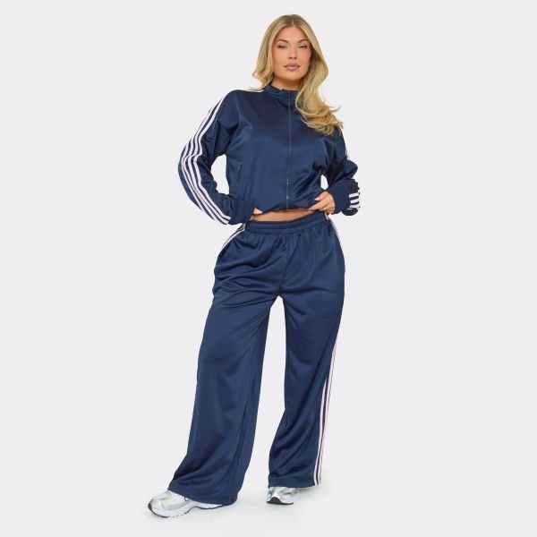 EGO Low Rise Side Stripe Wide Leg Track Pants In Navy Blue, Women's Size UK 6 - 2