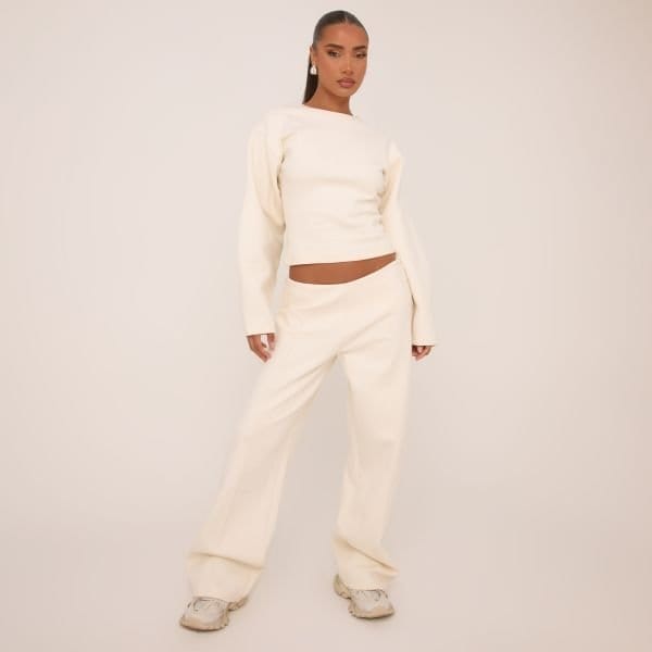 EGO Mid Rise Seam Detail Straight Leg Joggers In Cream, Women's Size UK 8 - 1