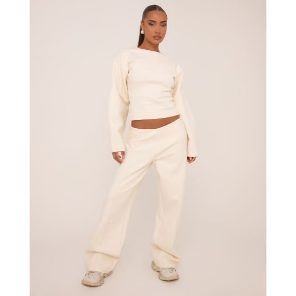 EGO Mid Rise Seam Detail Straight Leg Joggers In Cream, Women's Size UK 8 - 2