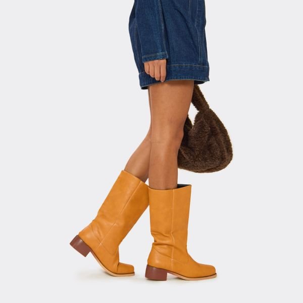 EGO Favour Long Boot In Mustard Yellow Faux Leather, Women's Size UK 3 - 2