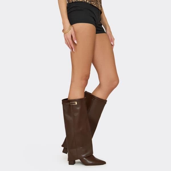 EGO Zadi Lock Layered Detail Pointed Toe Block Heel Knee High Long Boot In Brown Faux Leather, Women's Size UK 3