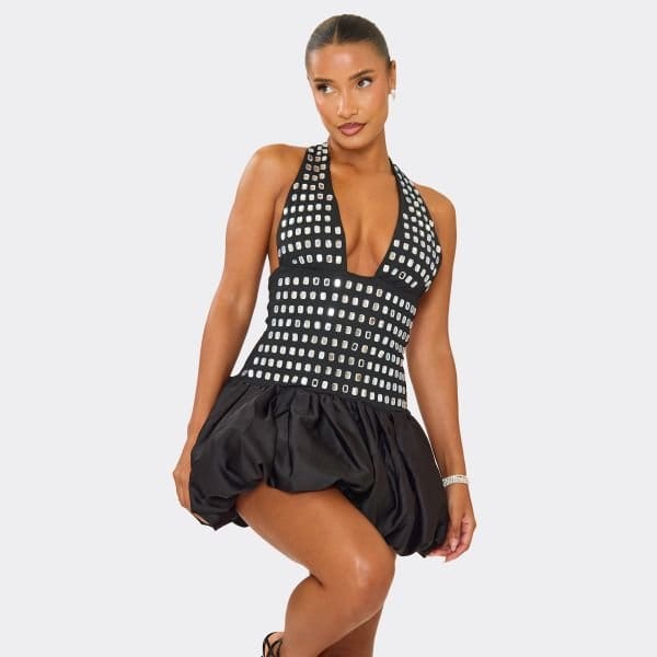 EGO Plunge Halterneck Diamante Puffball Mini Dress In Black, Women's Size UK 8 - 2