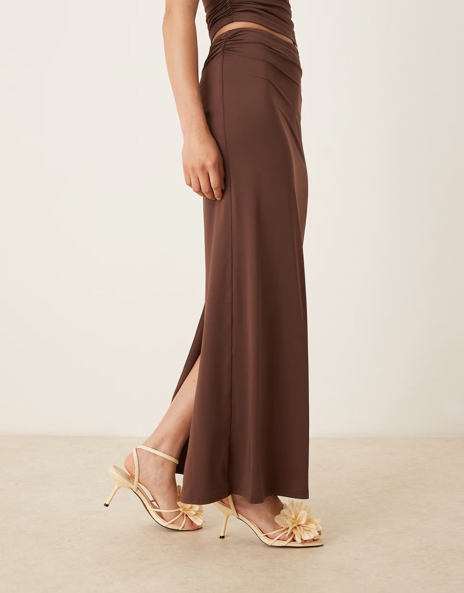 ASOS SNDYS ruched detail back split maxi skirt co-ord in chocolate - 2