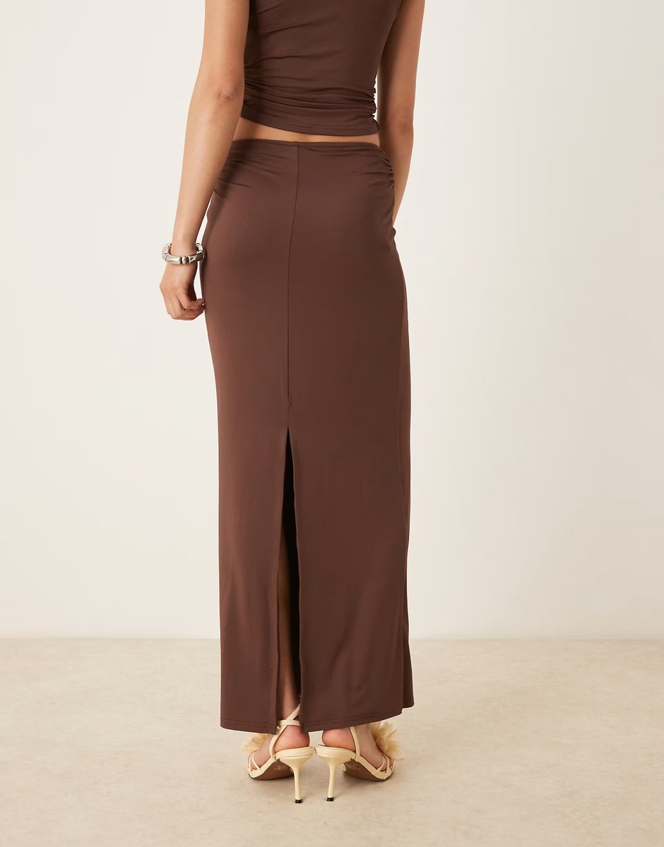 ASOS SNDYS ruched detail back split maxi skirt co-ord in chocolate - 4