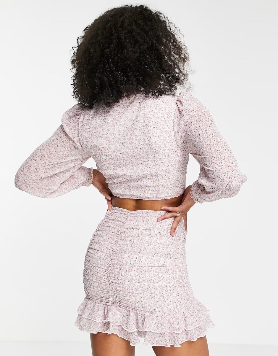 ASOS Love Triangle ruched mini skirt with flounced hem in multi lilac floral co-ord - 3