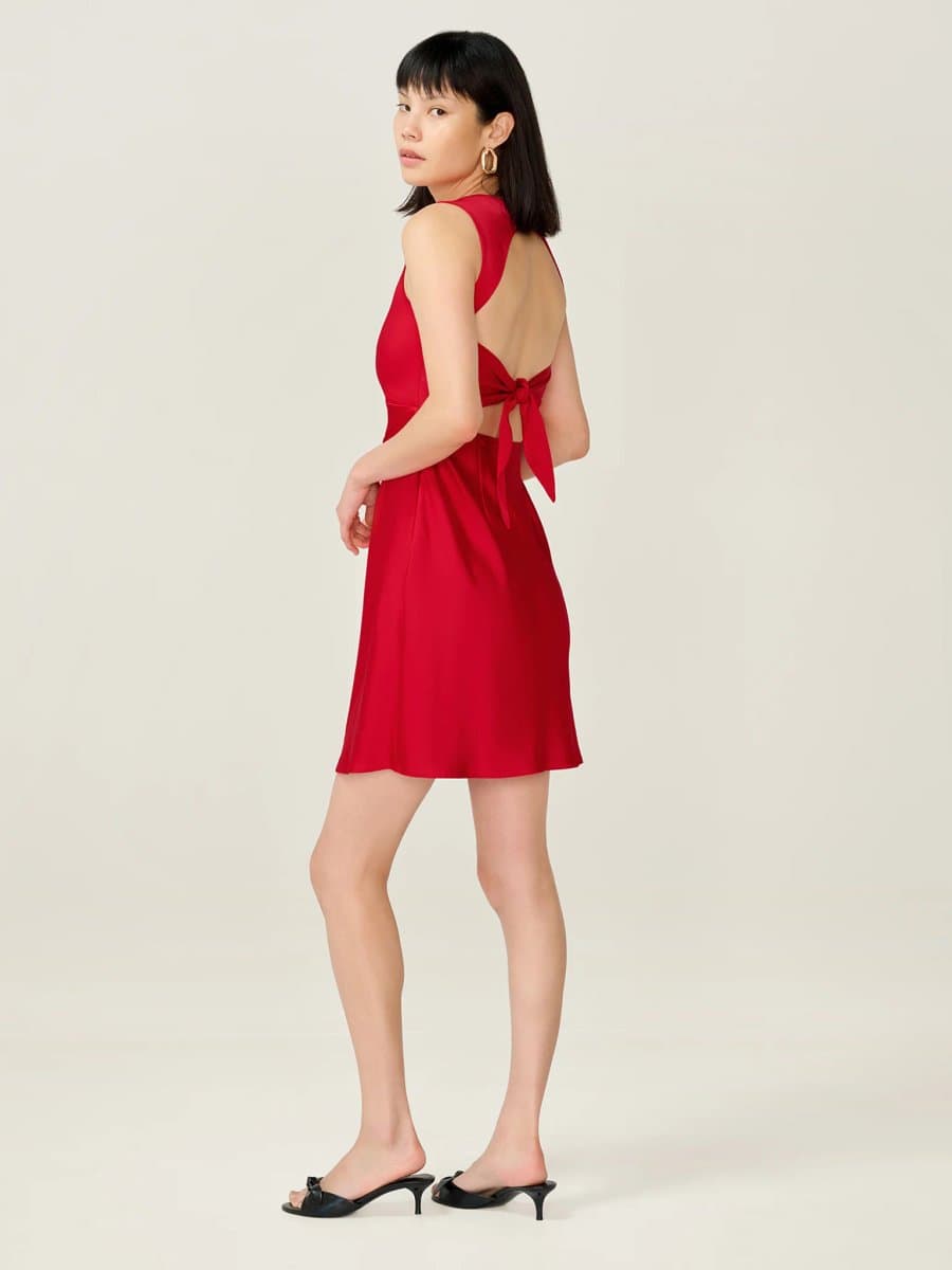OMNES OMNES Bold V-Neckline Mini Dress in Barbados Cherry