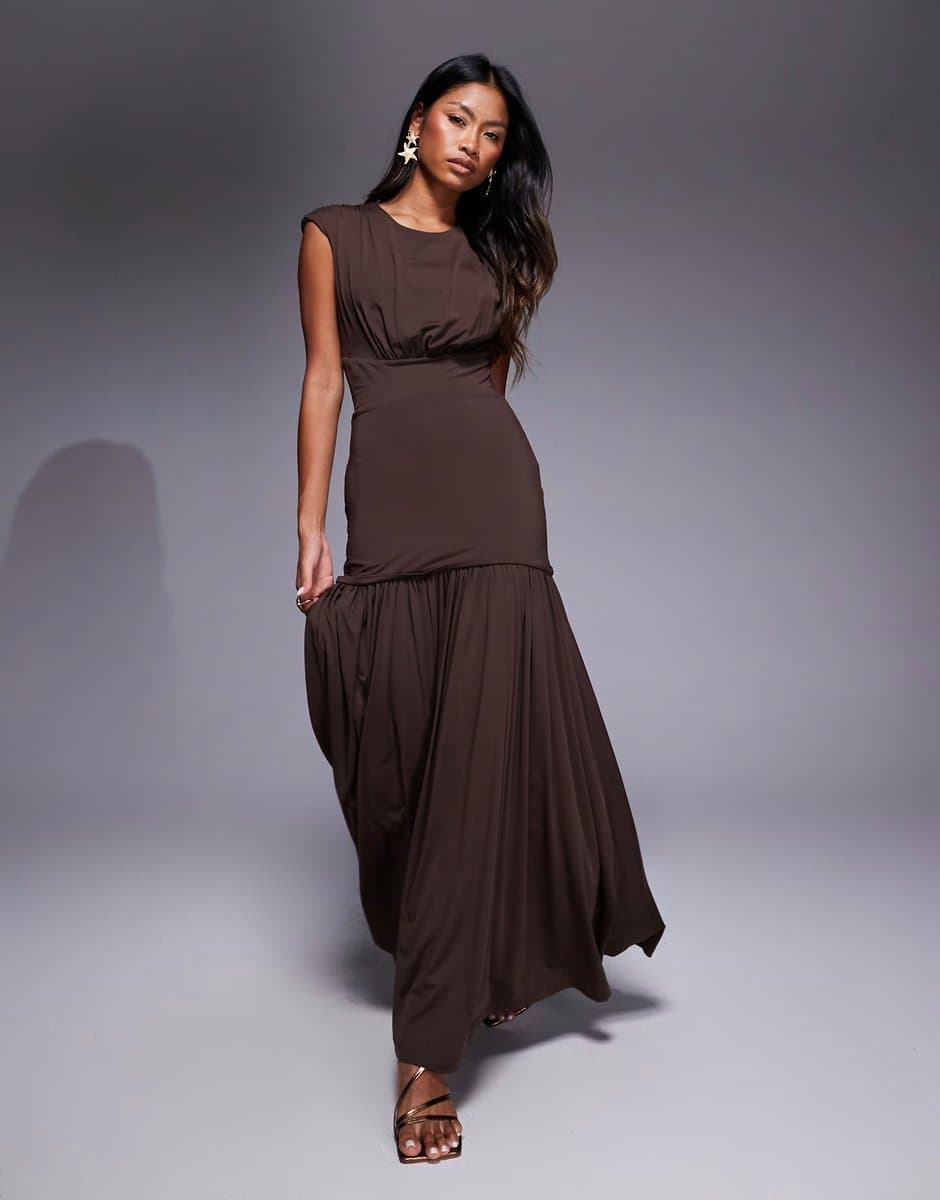 ASOS Bardot Annaise high neck maxi dress in chocolate