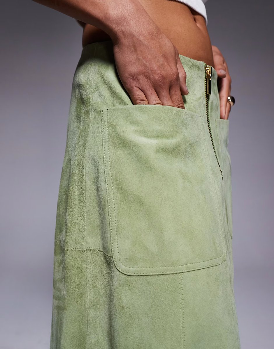ASOS ASOS DESIGN real suede zip front midi skirt in green - 2