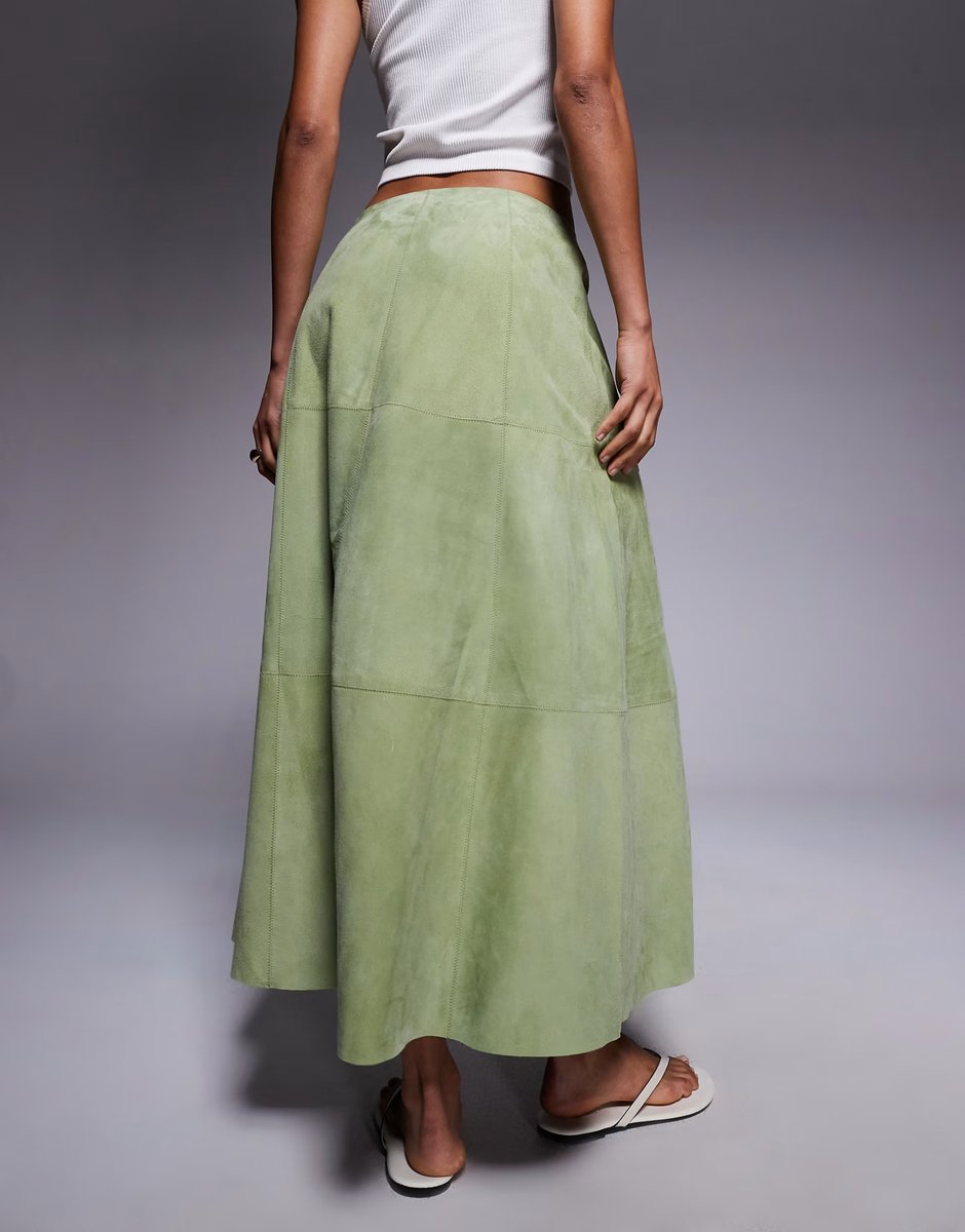 ASOS ASOS DESIGN real suede zip front midi skirt in green - 3