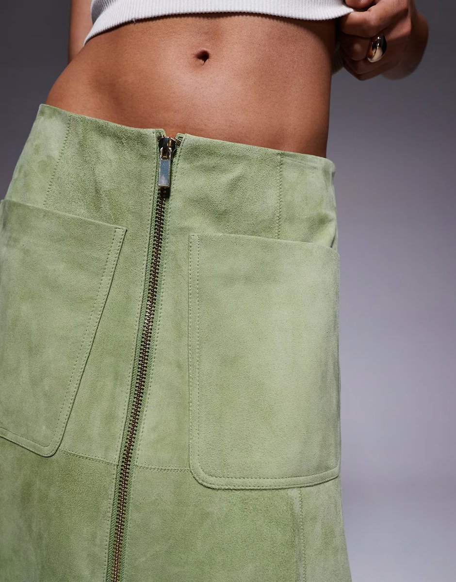 ASOS ASOS DESIGN real suede zip front midi skirt in green - 4