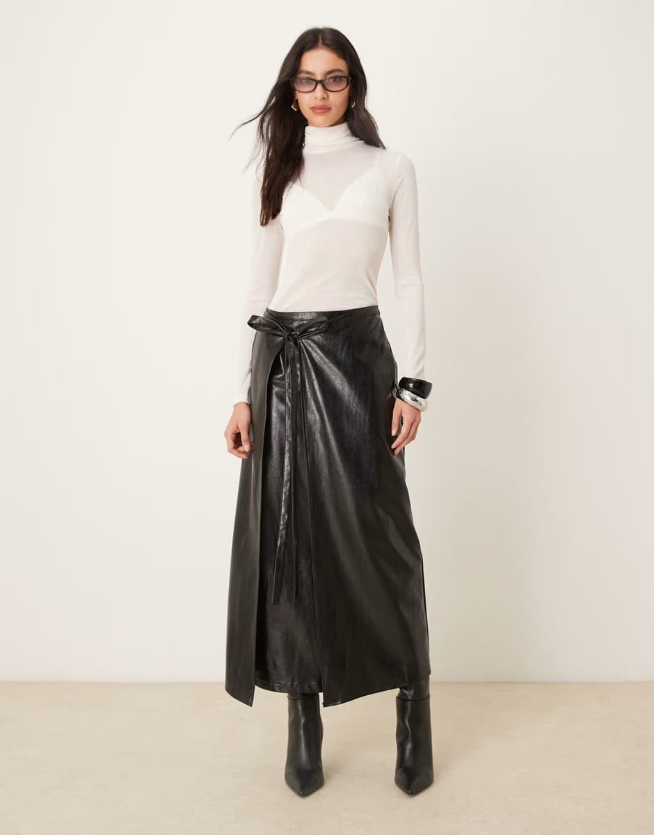 ASOS Ghospell Louise faux leather wrap midi skirt with tie detail in black