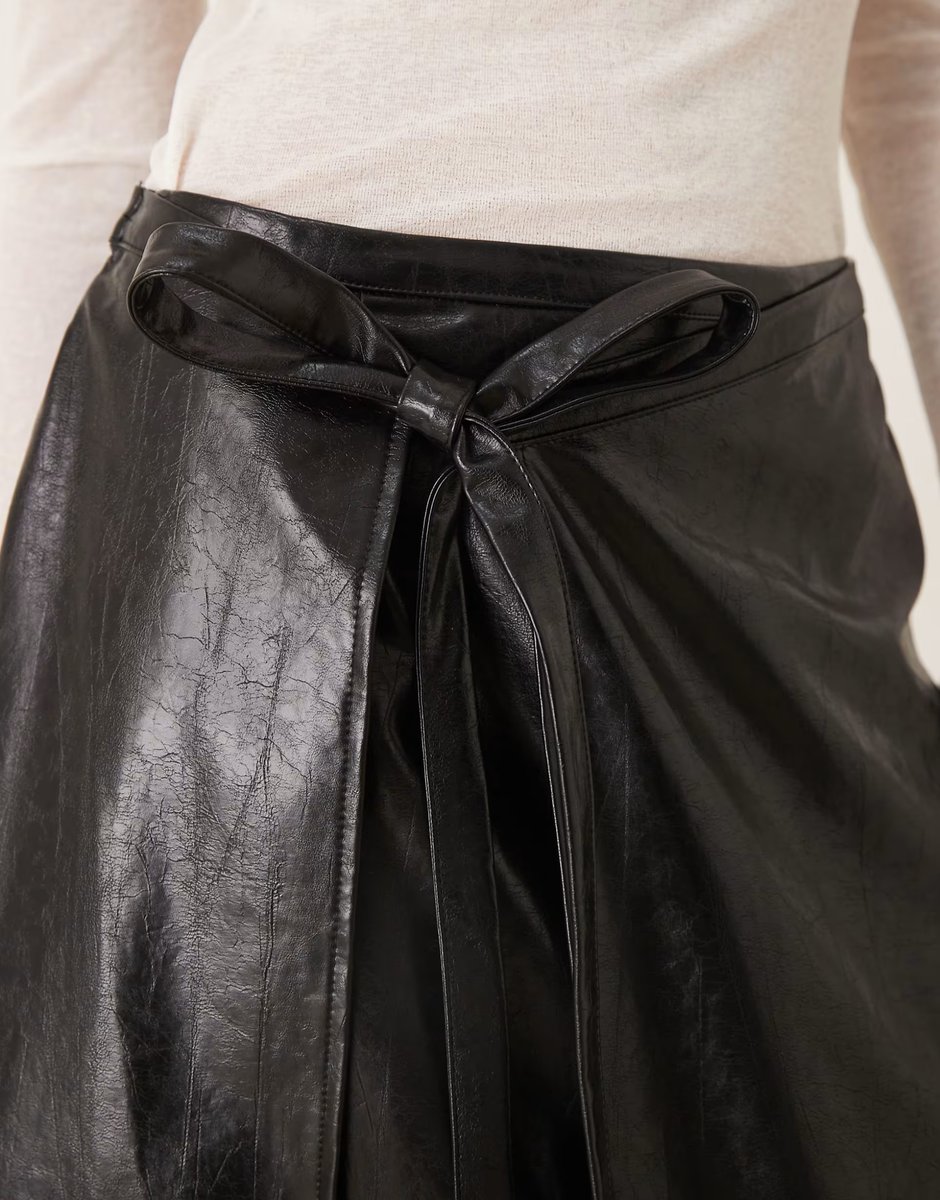 ASOS Ghospell Louise faux leather wrap midi skirt with tie detail in black - 3