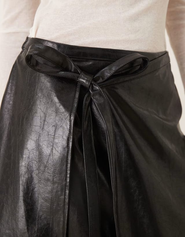 ASOS Ghospell Louise faux leather wrap midi skirt with tie detail in black - 3